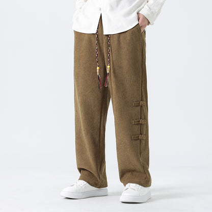 Chinese Style Mens Button Corduroy Pants Large Size Casual Sweatpants