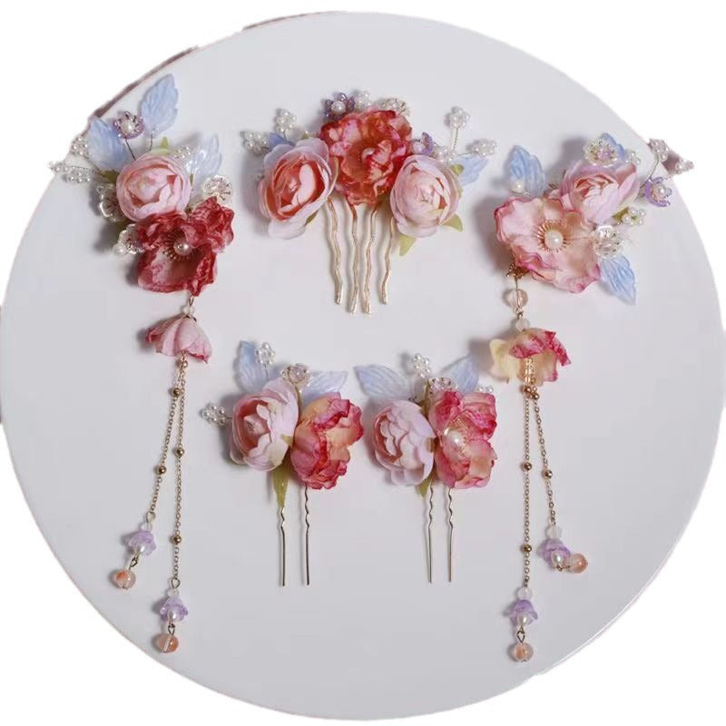 Hanfu Hair Accessories Pink Silk Flower Hairpin Tassel Side Clip