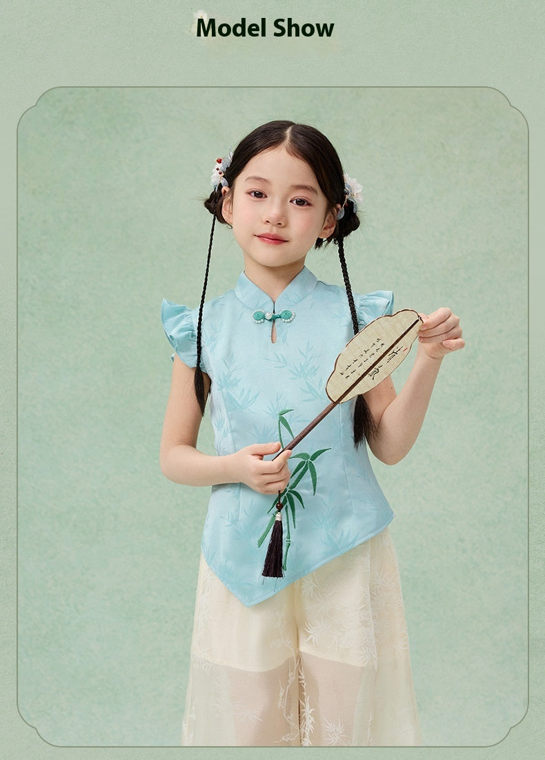 Children’s Chinese Summer Set — Shirt Top & Loose Wide-Leg Pants