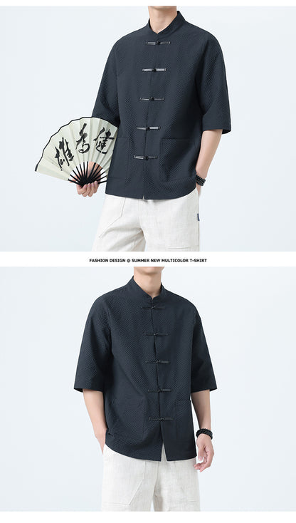 Mens Chinese Cotton Linen Shirt Retro Stand Collar Tang Suit Top