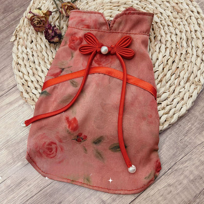 New Chinese Style Pet Cheongsam Embroidered Dress for Small Dogs