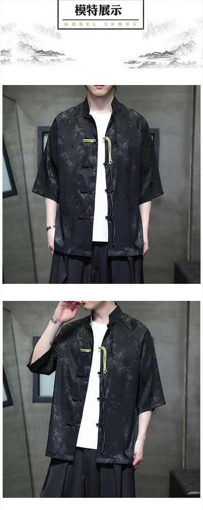 Summer Chinese Style Ice Silk Jacquard Tang Shirt Mens Stand Collar Top