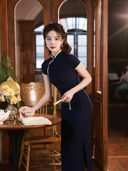 Navy Blue Old Shanghai Cheongsam – Mid-Length Summer Dress