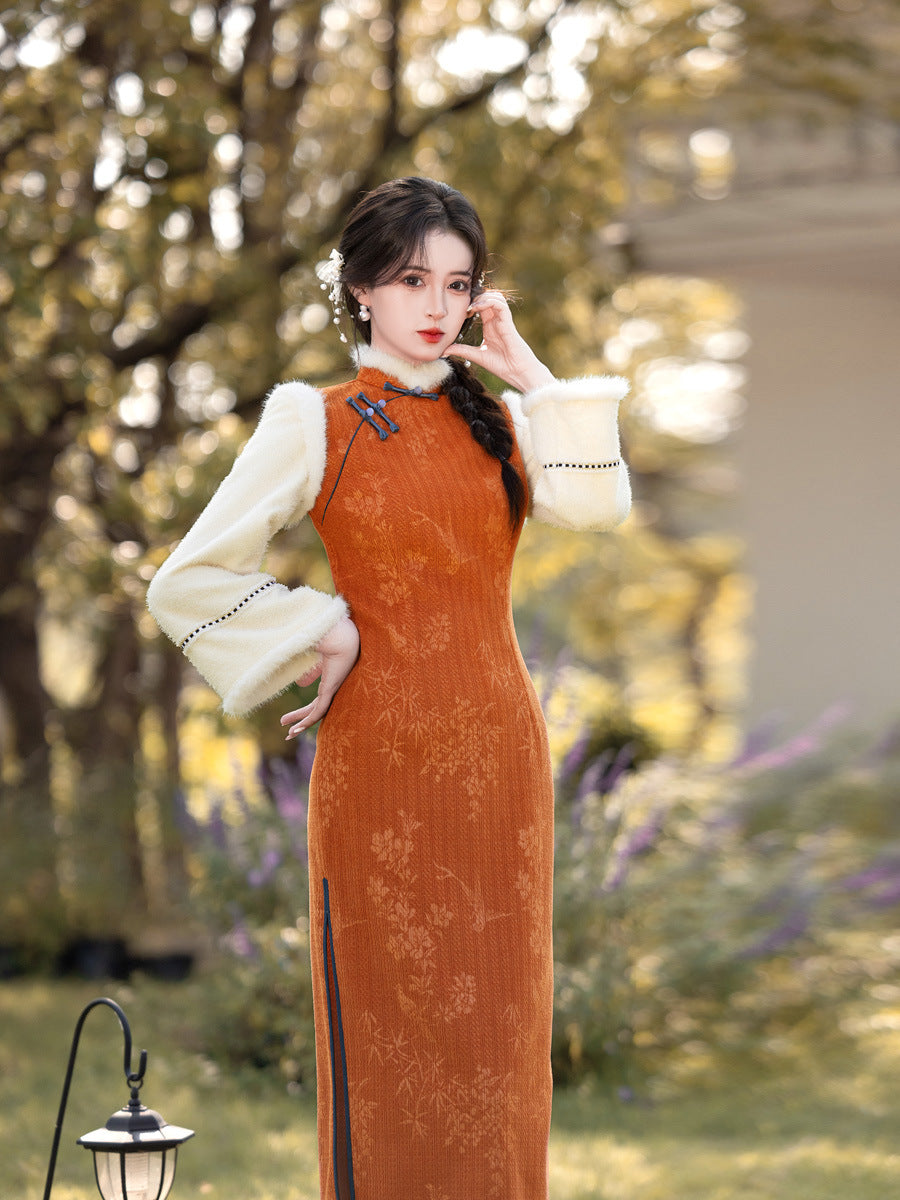 2025 Winter Chenille Fleece Long Cheongsam Patchwork New Chinese Style
