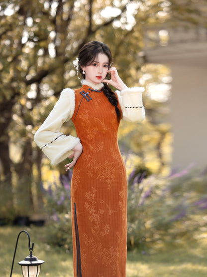 2025 Winter Chenille Fleece Long Cheongsam Patchwork New Chinese Style