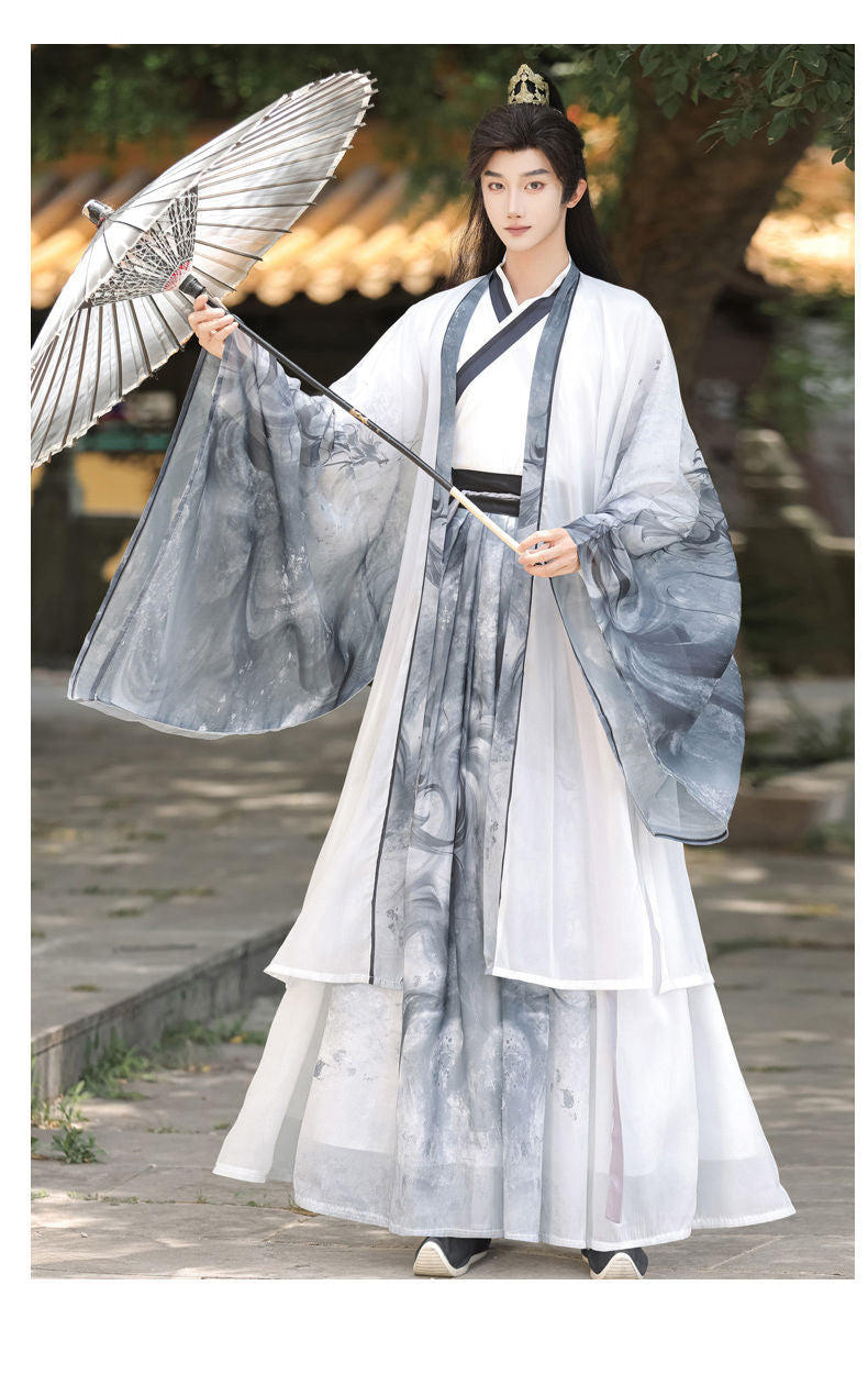 Oriental Ancient Drama Hanfu Costume Mens White Ink Print Daily Wear