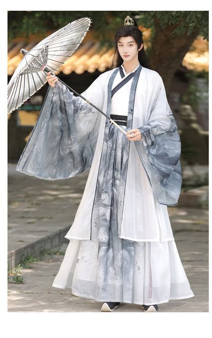 Oriental Ancient Drama Hanfu Costume Mens White Ink Print Daily Wear