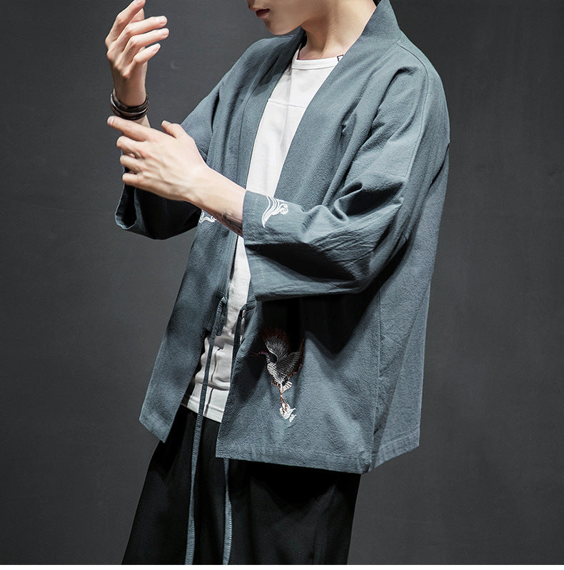 Mens Chinese Hanfu Taoist Robe Retro Kimono Jacket Trendy Top