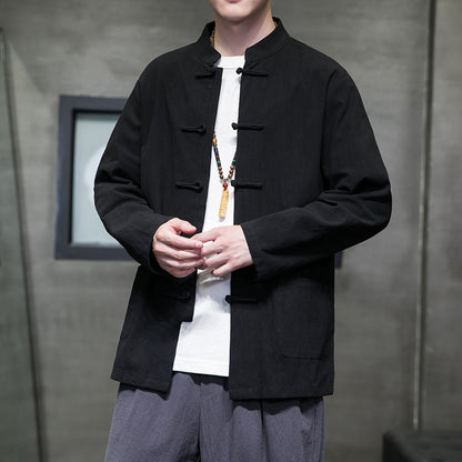 Mens Autumn Chinese Style Hanfu Tang Suit Button Up Cotton Linen Top