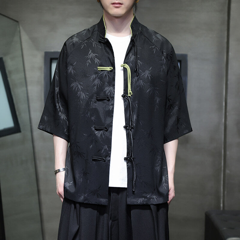 Summer Chinese Style Ice Silk Jacquard Tang Shirt Mens Stand Collar Top