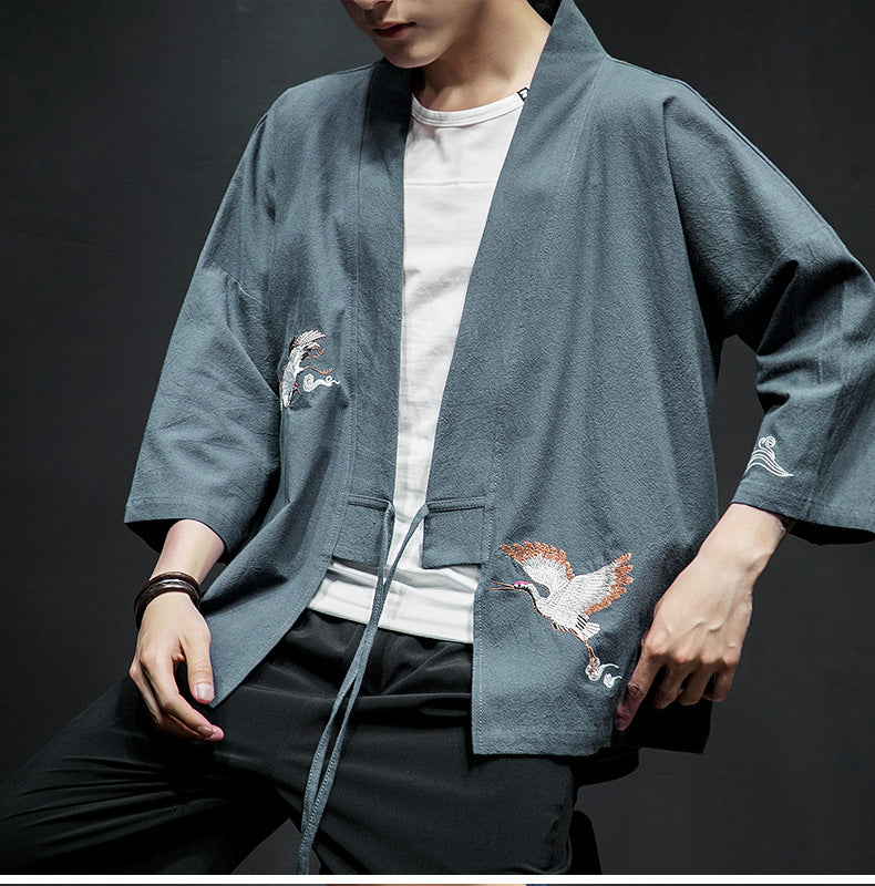 Mens Chinese Hanfu Taoist Robe Retro Kimono Jacket Trendy Top