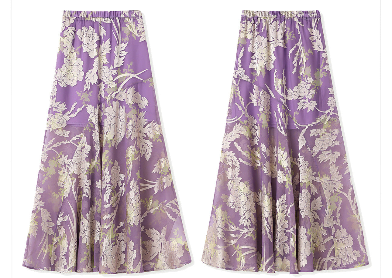 New Chinese Embroidered Feather Sleeve Patchwork Top & Skirt Set