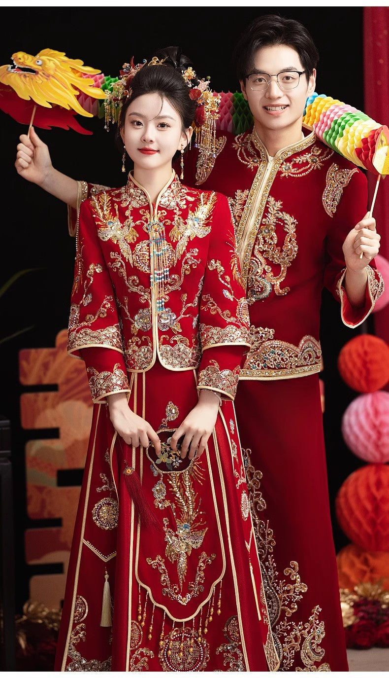 Chinese Wedding Xiuhe Dress Bride Velvet Toast Suit Set
