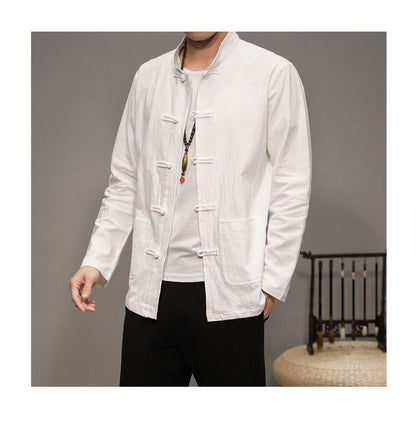 Men’s Chinese Style Cotton Linen Tang Shirt Long Sleeve Casual Retro