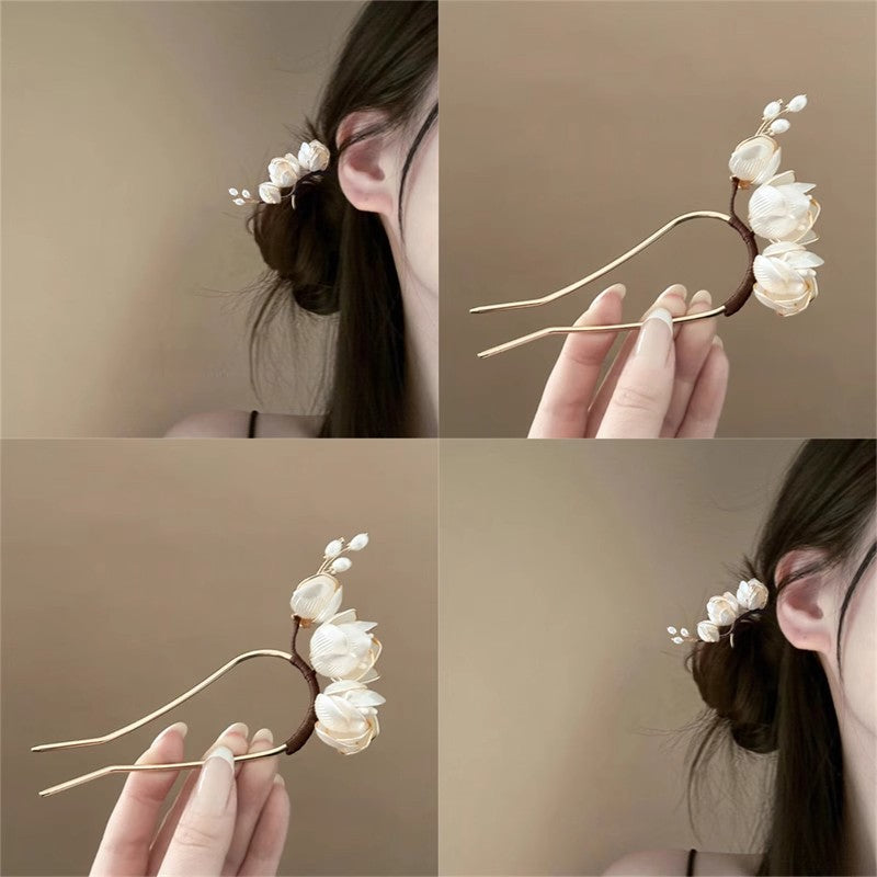 U Hairpin Glass White Magnolia Chinese Style Forest Fairy Cheongsam Accessory