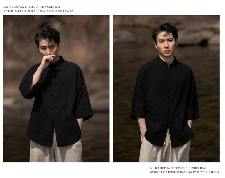 Summer Chinese Cotton Linen Shirt Men Casual Thin Youth Trend Top