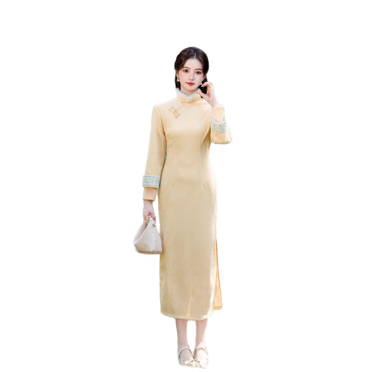 Yellow Fleece-Lined Long Sleeve Qipao | Winter New Chinese Style 2025
