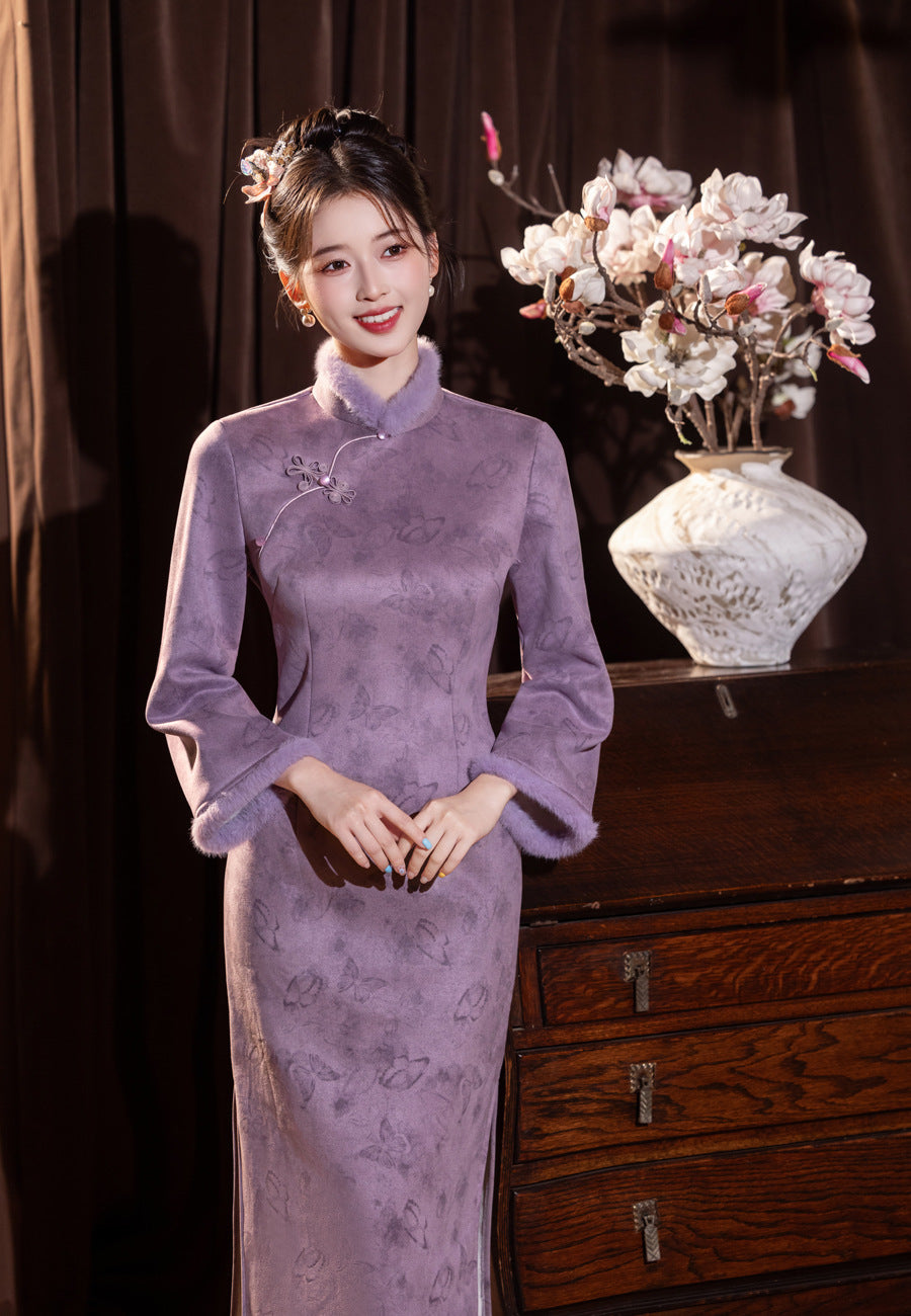 2025 New Chinese Cheongsam – Youthful Elegant Purple Winter Dress