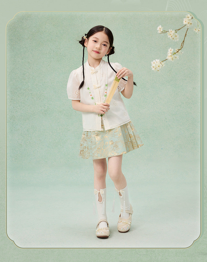 Girls Summer Hanfu Set — Short Sleeve Shirt & Mamian Skirt Two-Piece