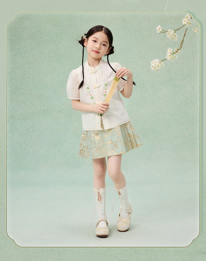 Girls Summer Hanfu Set — Short Sleeve Shirt & Mamian Skirt Two-Piece
