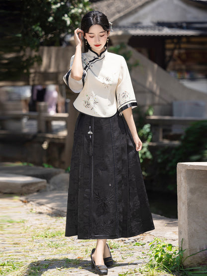 Elegant Improved Cheongsam Top & Hanfu Ink Design Skirt Set