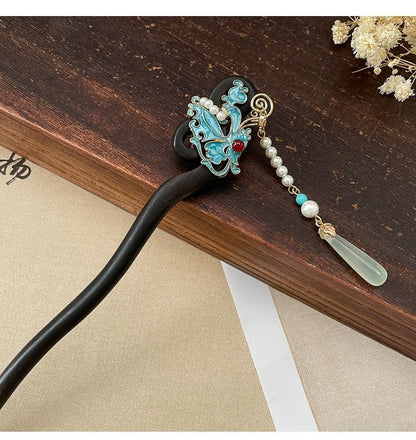 Ancient Style Imitation Jade Burnt Blue Butterfly Double Sided Hairpin