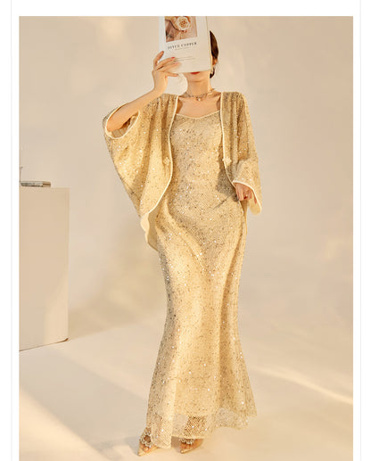 Autumn New Chinese Sequin Embroidered High-End Coat Dress Set