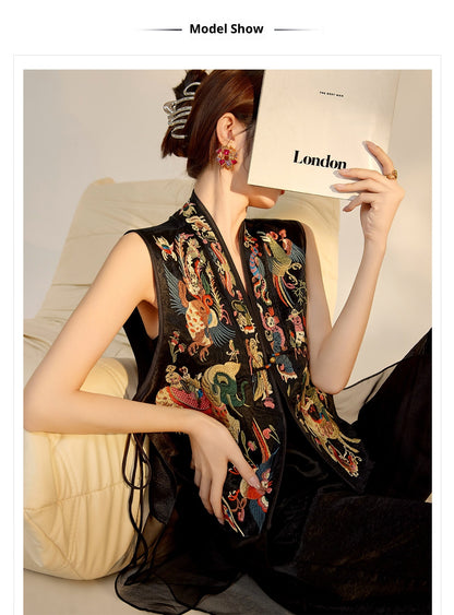2026 New Chinese Style Silk Embroidered Mesh Patchwork Vintage Vest