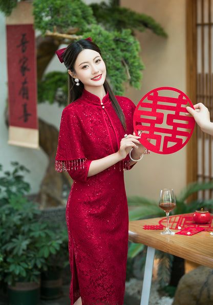 Elegant Red Two-Piece Cheongsam – Autumn Wedding Event Dress