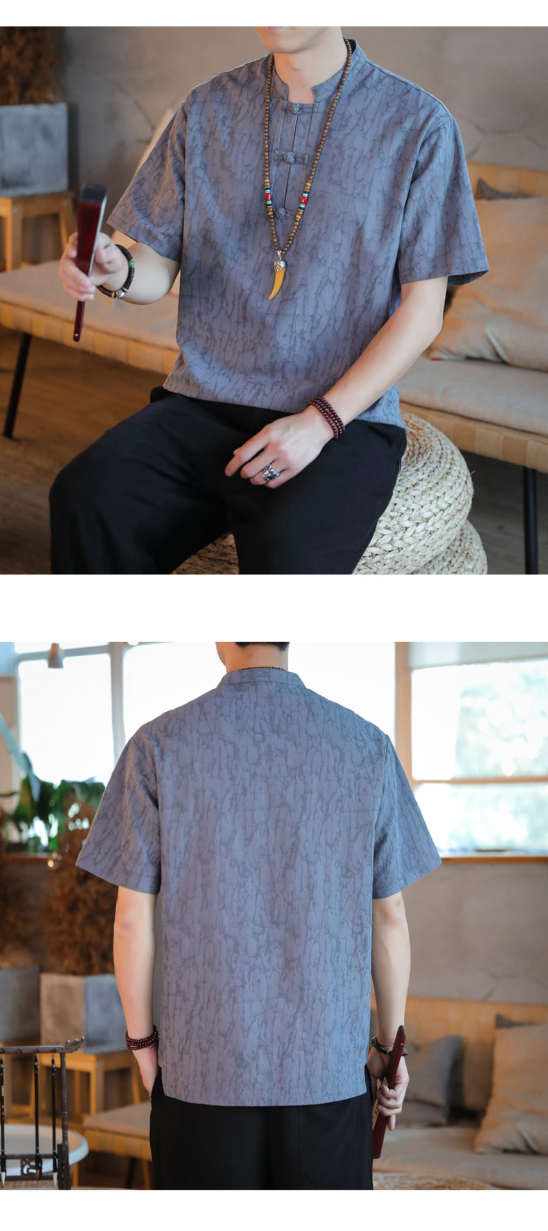 Chinese Style Mens Cotton Linen Tang Suit Short Sleeve Casual T Shirt