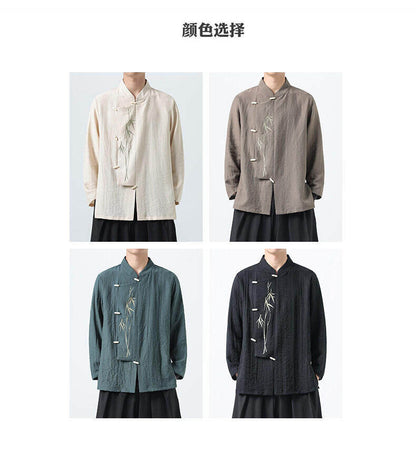 Chinese Style Mens Slanted Collar Hanfu Shirt Long Sleeve Tea Dress