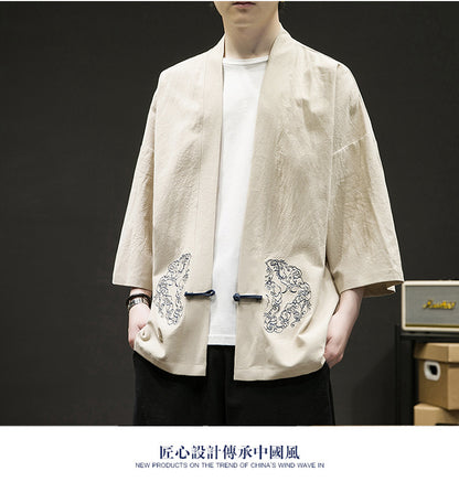 Mens Chinese Style Layman Hanfu Jacket Summer Zen Tea Robe Retro Top