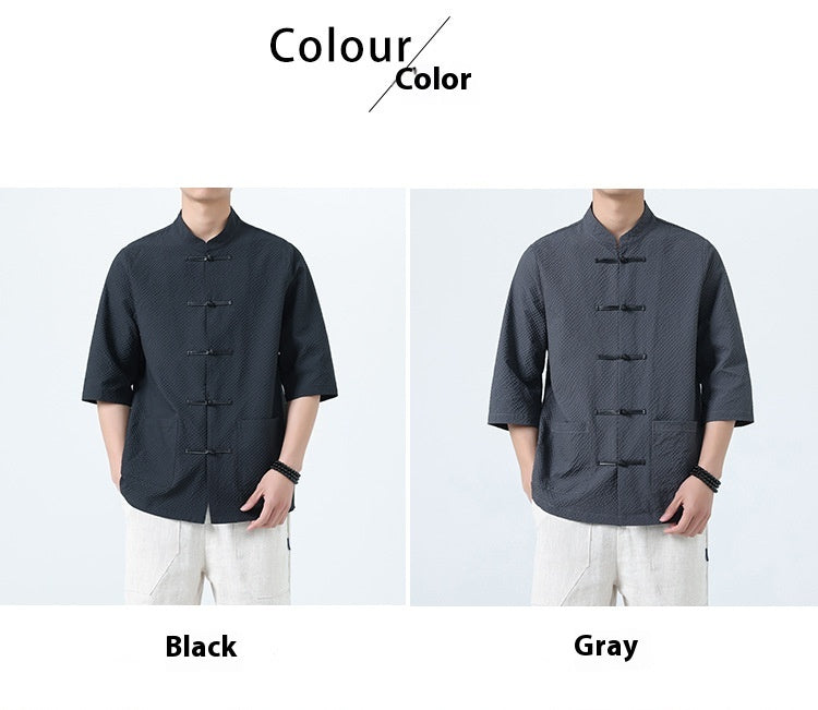 Mens Chinese Cotton Linen Shirt Retro Stand Collar Tang Suit Top