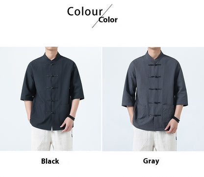 Mens Chinese Cotton Linen Shirt Retro Stand Collar Tang Suit Top
