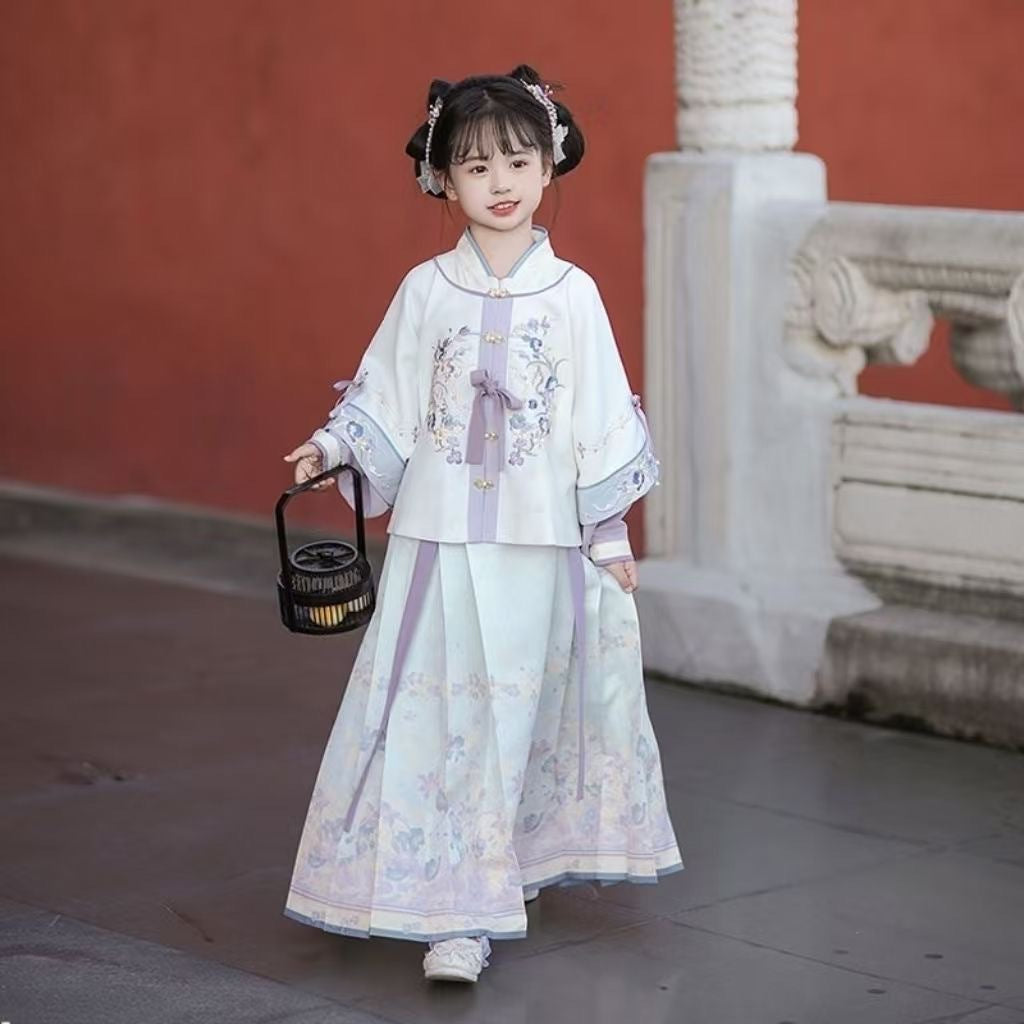 Girls’ Spring Autumn Hanfu | Ancient Style Ming Dynasty Horse Face Dress Set