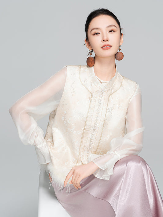 Elegant Stand Collar Jacquard Furry Vest