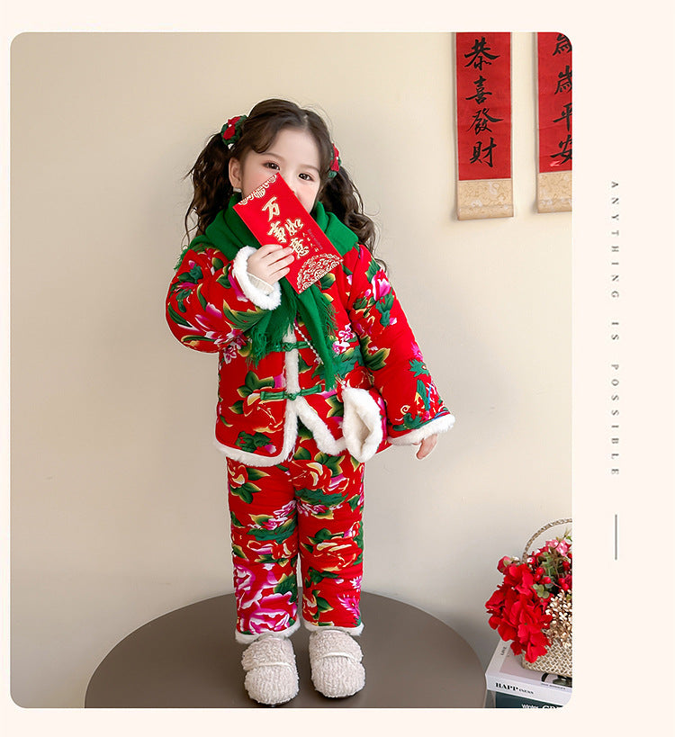 Winter Girls Floral Jacket & Pants Thickened Two-Piece Set