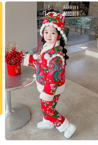 Northeast Floral Girls Padded Jacket Winter Rabbit Ear Four-Piece