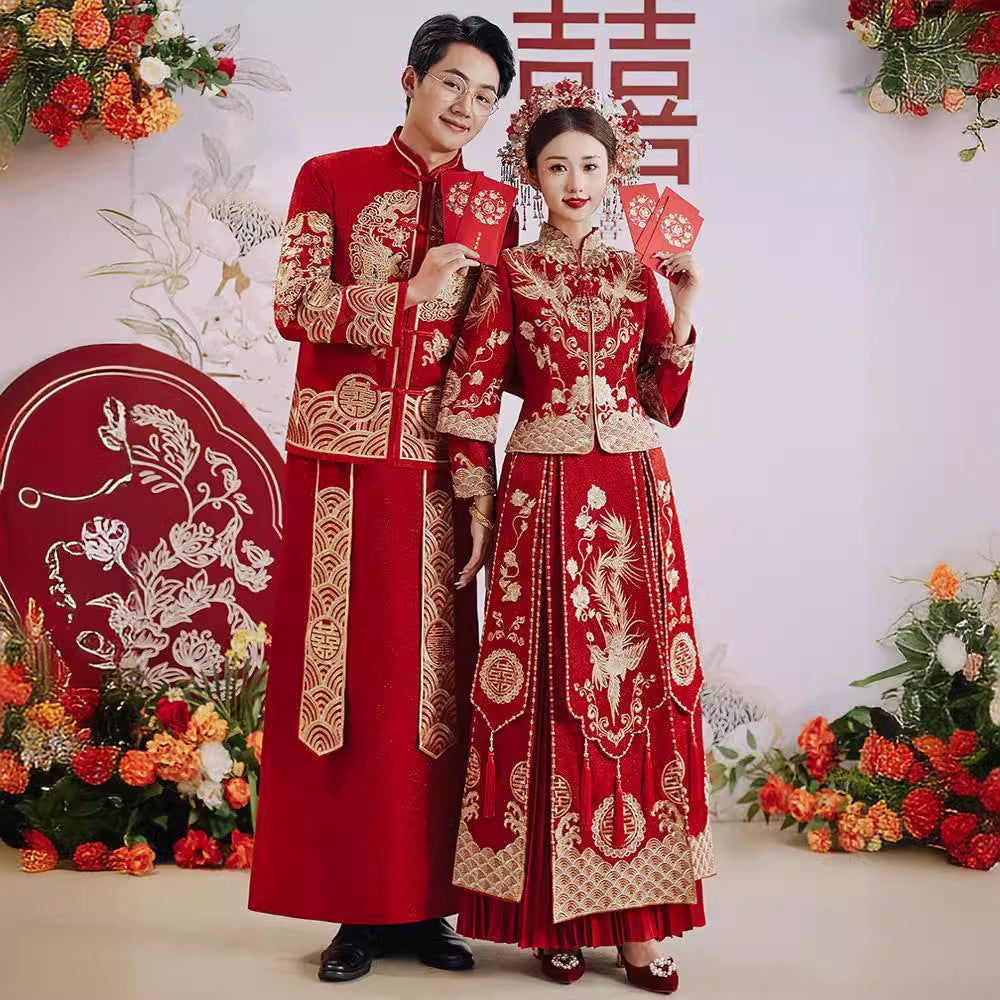 Chinese Wedding Dress Dragon Phoenix Xiuhe Bride & Groom Set