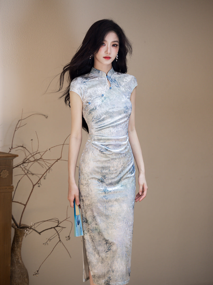 Improved Chinese Style Qipao – Everyday Wear Pink Velvet Dress