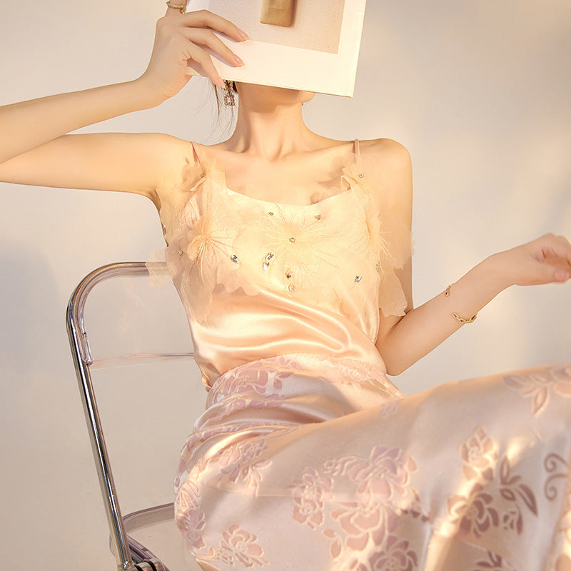 New Chinese Style Beaded Floral Acetate Top | Elegant Short Camisole