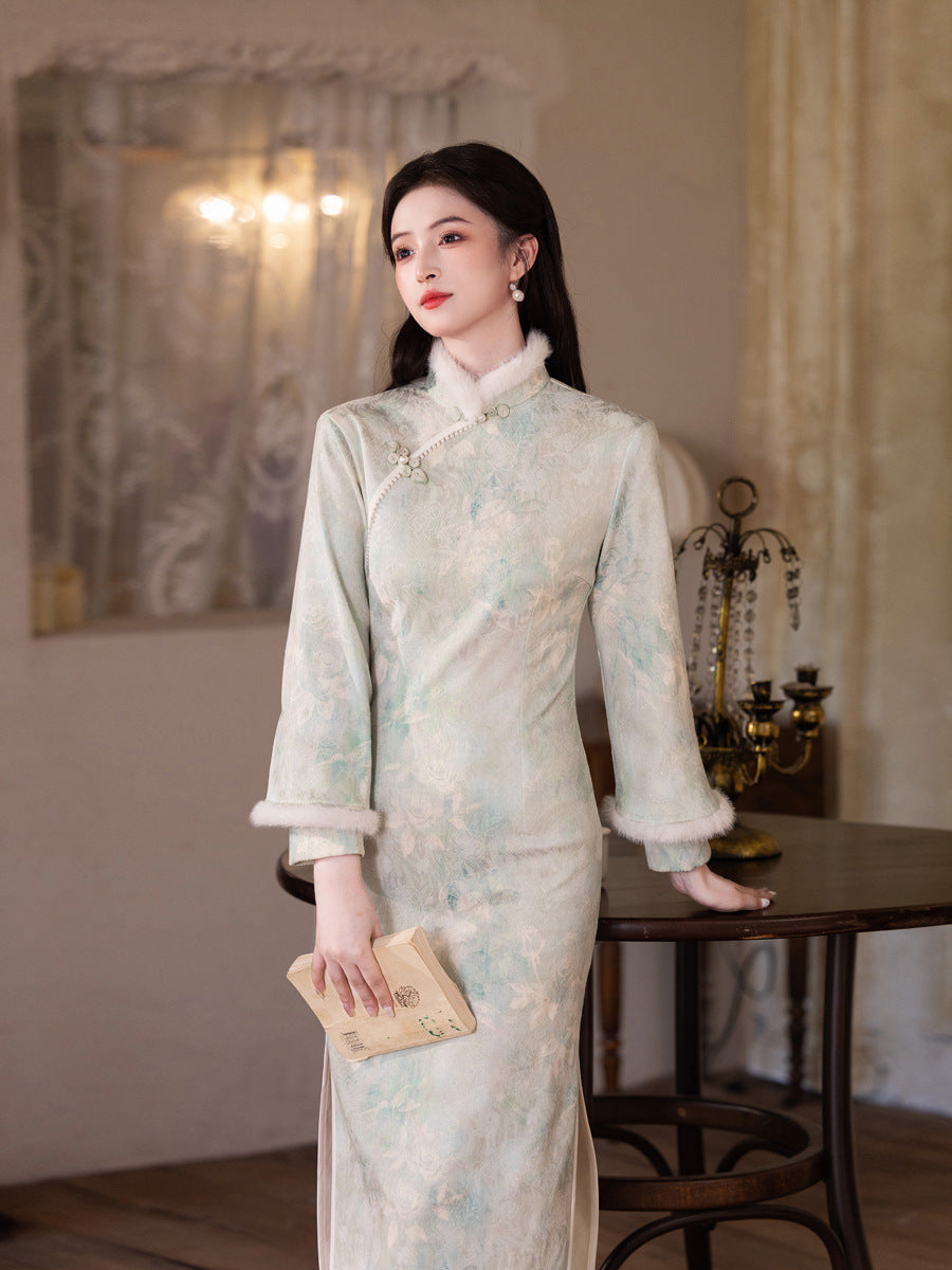 Elegant Satin Beaded Winter Qipao | Fleece-Lined Thickened Long Dress