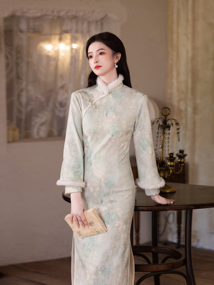 Elegant Satin Beaded Winter Qipao | Fleece-Lined Thickened Long Dress