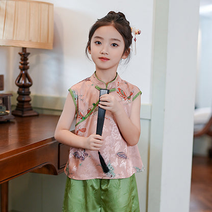 Retro Chinese Style Girls Two-Piece — Summer Cheongsam Top & Skirt