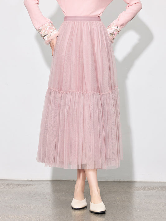 Luxury Pleated Mesh Skirt — Fairy-Inspired Layered Hem Midi