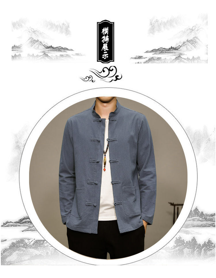 Men’s Chinese Style Cotton Linen Tang Shirt Long Sleeve Casual Retro