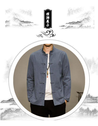 Men’s Chinese Style Cotton Linen Tang Shirt Long Sleeve Casual Retro