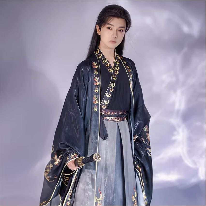 Oriental Ancient Drama Hanfu Mens Cross Collar Qi Waist Large Sleeve