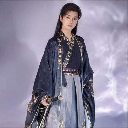 Oriental Ancient Drama Hanfu Mens Cross Collar Qi Waist Large Sleeve