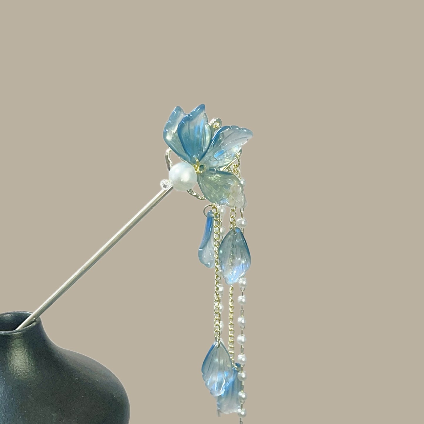 Ancient Style Blue Flower Hairpin High End Chinese Style Pearl Tassel Hairpin